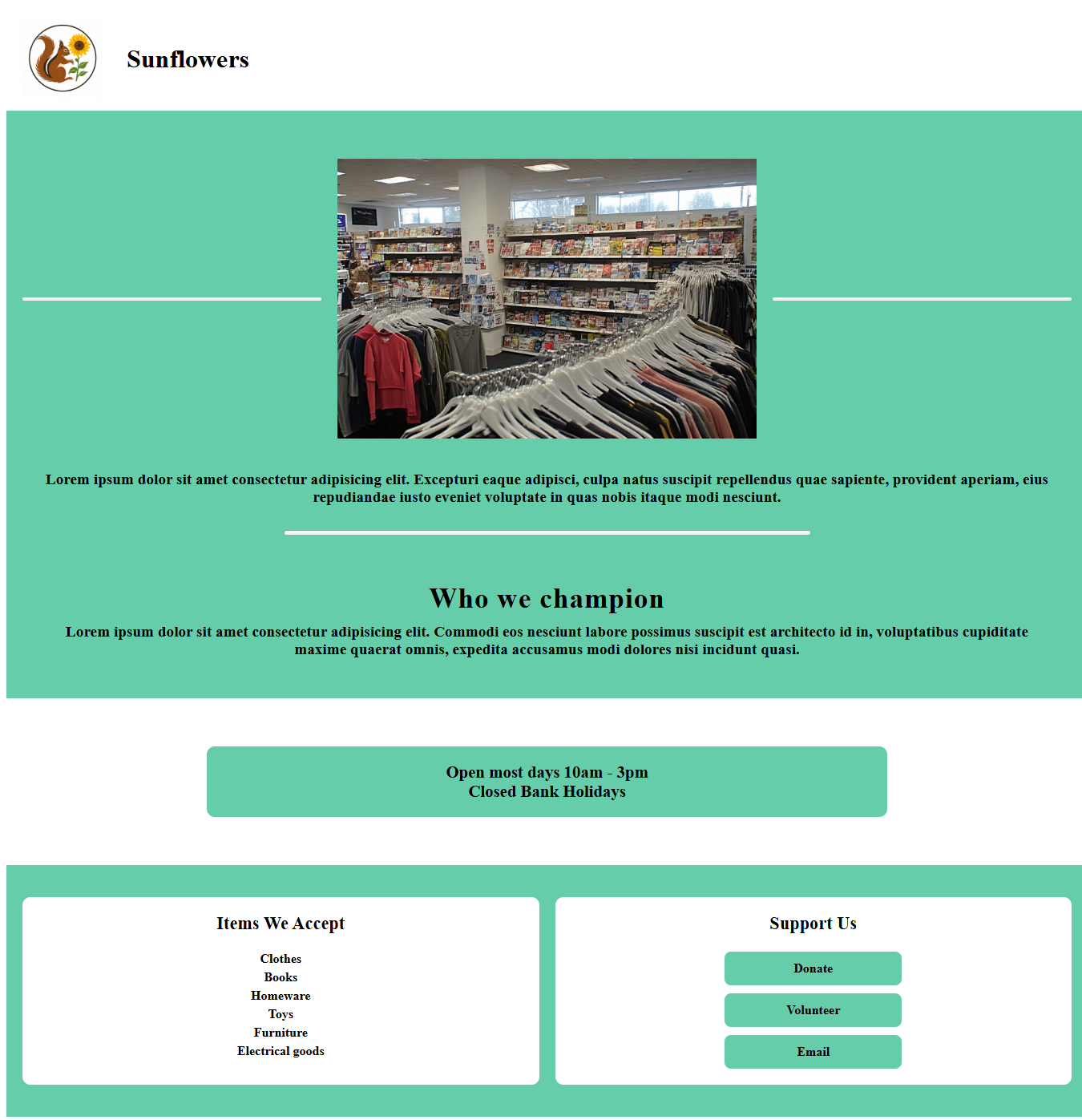 Charity shop website screenshot
